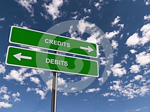 credits debits traffic sign on blue sky