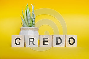 credo word written on wood block. yellow background, concept