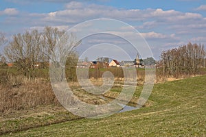 Creek alohng meadows with reed and bare willow trees in the flemish countryside