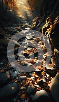 creek bed with exposed rocks and fallen leaves, illuminated by the soft glow of autumn sunlight. landscape background