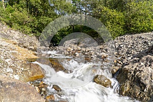 Creek beside rocks in wooded area with trees, water stream in nature