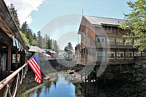 Creek Street in Ketchikan Alaska with American flag