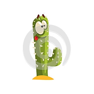 Creen cactus character with big eye, succulent plant with funny face vector Illustration on a white background