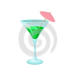 Creen cocktail with umbrella in martini glass cartoon vector Illustration