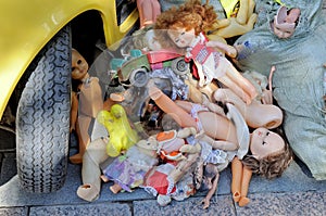 Creepy abandoned children`s dolls