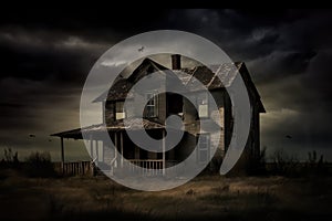 creepy abandoned house, with shadows and dust gathering, on a stormy night