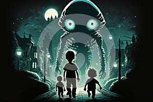 Creepy alien kidnap child. Beautiful illustration picture. Generative AI