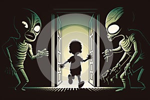 Creepy alien kidnap child. Beautiful illustration picture. Generative AI