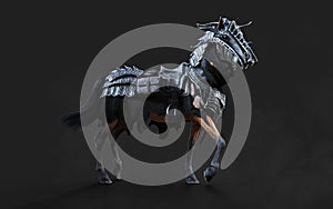 A creepy armored dark horse pose on black background