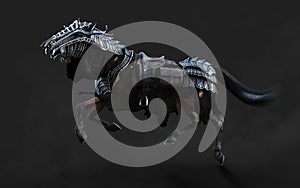 A creepy armored dark horse pose on black background