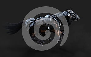 A creepy armored dark horse pose on black background