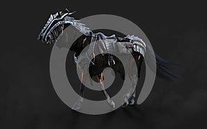 A creepy armored dark horse pose on black background