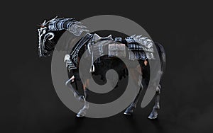 A creepy armored dark horse pose on black background