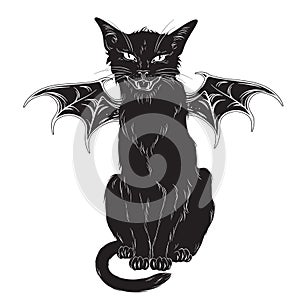 Creepy black cat with monster wings isolated over white background. Wiccan familiar spirit, halloween or pagan witchcraft theme pr