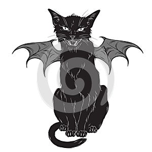 Creepy black cat with monster wings isolated over white background. Wiccan familiar spirit, halloween or pagan witchcraft theme pr