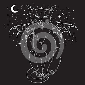 Creepy black cat with monster wings over night sky