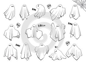 Creepy boo characters for kids. Set of cute cloth Ghosts with cartoon scary, spooky and funny faces. Collection of magic