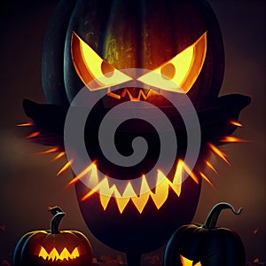 Creepy burning Jack-o-lantern pumpkin head. Halloween Glowing fire flame head