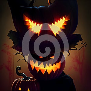 Creepy burning Jack-o-lantern pumpkin head. Halloween Glowing fire flame head