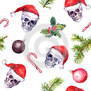 Creepy Christmas skulls seamless pattern. Dead human heads in red santa hats, candy canes, pine branches and decorative