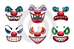 Creepy clown faces. Isolated on white. Scary vector.