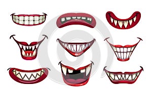 Creepy clown mouths set. Scary smile with jaws and red lips.