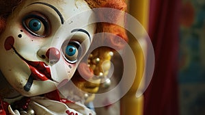 Close Up Photo Of Clown Doll In The Style Of Mikko Lagerstedt And Ravi Zupa photo