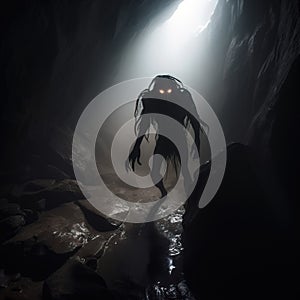 a creepy creature with glowing eyes in a dark cave with a stream of water in the foreground and light coming from the cave door