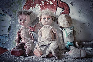 Creepy dolls sitting in an abandoned building in Pripyat, Ukraine, site of the 1986 Chernobyl nuclear desaster.