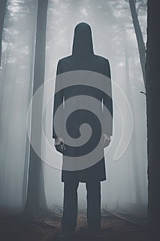 Creepy Faceless Tall Man in a Foggy Forest