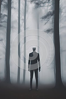 Creepy Faceless Tall Man in a Foggy Forest