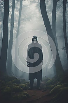 Creepy Faceless Tall Man in a Foggy Forest