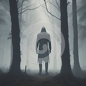 Creepy Faceless Tall Man in a Foggy Forest