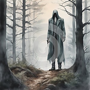 Creepy Faceless Tall Man in a Foggy Forest