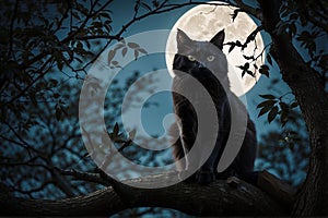 Creepy feline silhouette Haunting night image Mysterious cat on tree Digital Halloween art