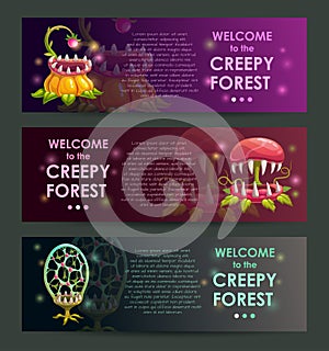 Creepy forest banners concept. Predator plants set.