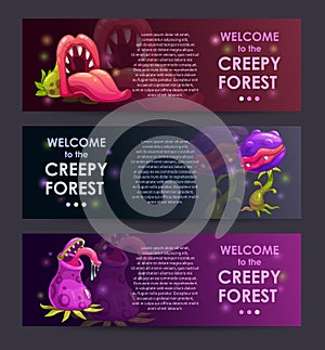 Creepy forest banners concept. Predator plants set.