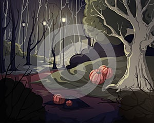 Creepy forest landscape with trees, swamp, lanterns and pumpkins. Mysterious scenery background.