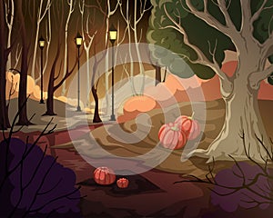 Creepy forest landscape with trees, swamp, lanterns and pumpkins. Mysterious scenery background.