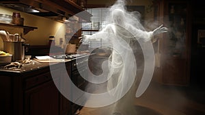 Creepy Genie Ghost In Kitchen: Ultra Realistic Photo