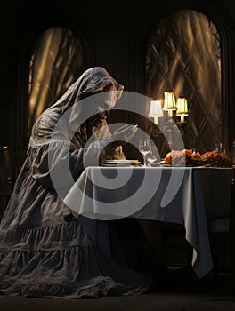Creepy ghost dementor bride prays before dinner by candlelight, AI