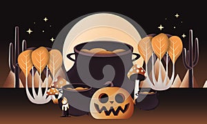 Creepy Halloween background, Ghosts and witches in spooky landscape, October 31, Scary dark Night full moon bats on tree.