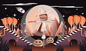 Creepy Halloween background, Ghosts and witches in spooky landscape, October 31, Scary dark Night full moon bats on tree.