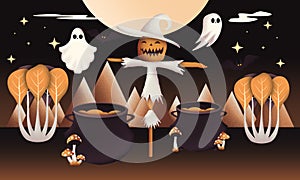 Creepy Halloween background, Ghosts and witches in spooky landscape, October 31, Scary dark Night full moon bats on tree.