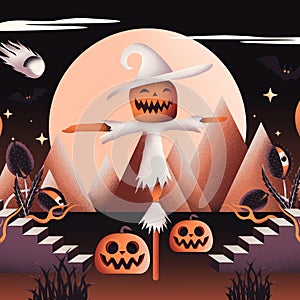 Creepy Halloween background, Ghosts and witches in spooky landscape, October 31, Scary dark Night full moon bats on tree.