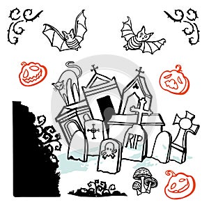 Creepy halloween graveyard illustration set