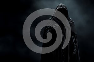 Creepy halloween grim reaper figure wearing a black rope against a dark background