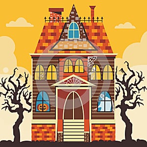 Creepy Halloween Haunted House Scene Card Template