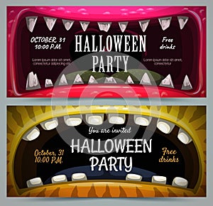 Creepy Halloween party banners. Scary jaws background.