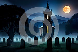 Creepy Halloween view with old graveyard by church at night